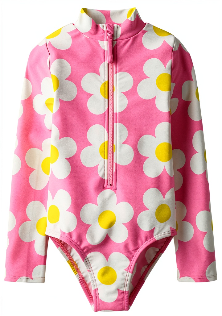 Girl wearing Gymboree daisy print swimsuit at the beach