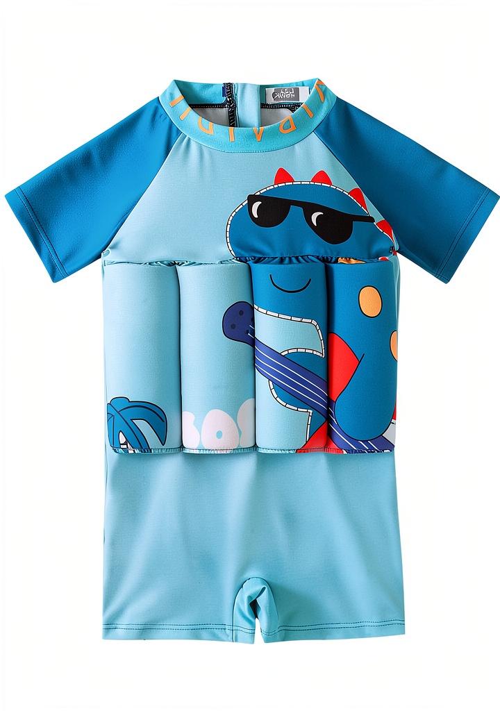 Toddler wearing Lagukka float swimsuit at a pool