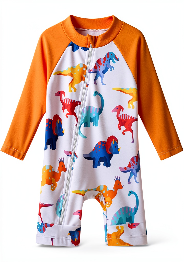 Baby boy wearing dinosaur swimsuit