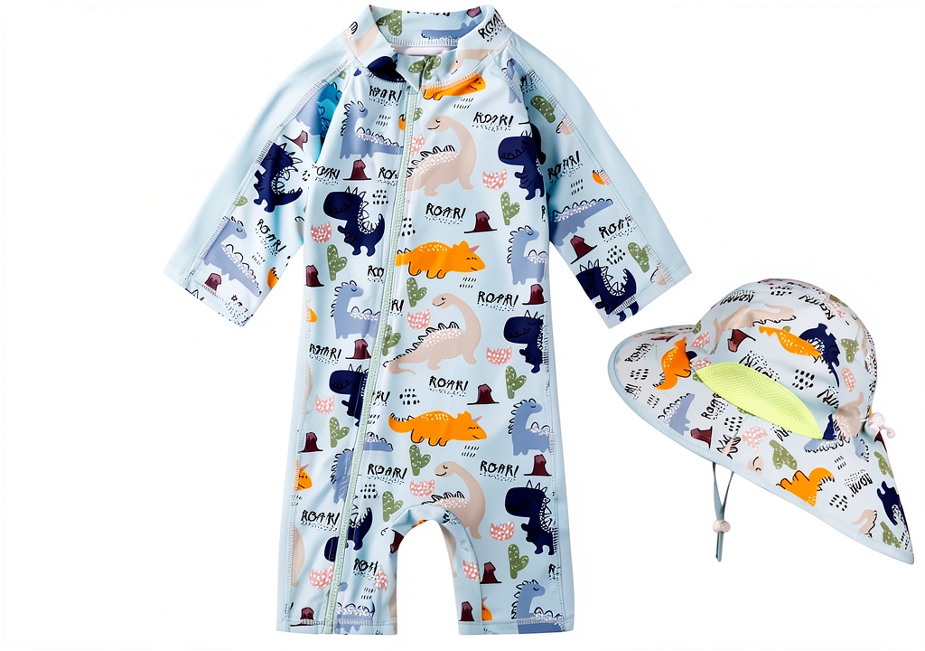 Baby boy wearing one-piece swimsuit at the beach