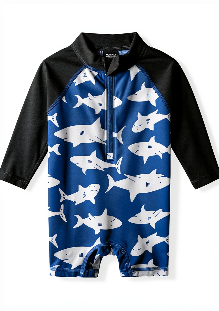 Baby boy wearing Gerber shark rashguard at the beach