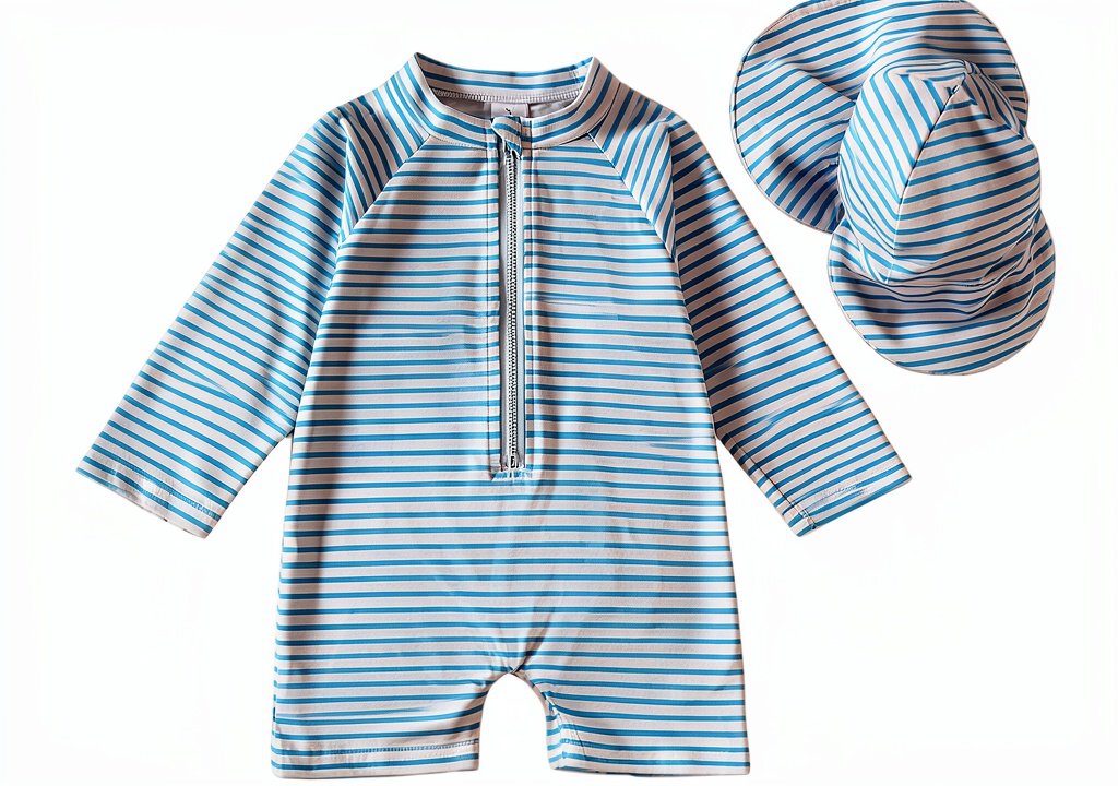 Baby boy wearing KidSplash one‑piece swimsuit at the pool