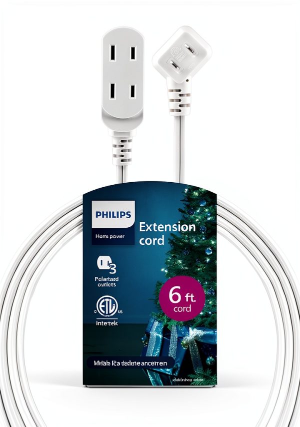 Philips 3-Outlet Extension Cord 6 Ft Flat Plug with Safety Slide White-0