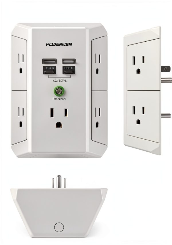 Multi Outlet Extender Surge Protector POWERIVER 5-AC 4-USB White 2U2C-6
