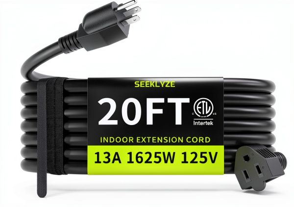 16/3 Black 20 FT Extension Cord by Seeklyze – Indoor Cable-0