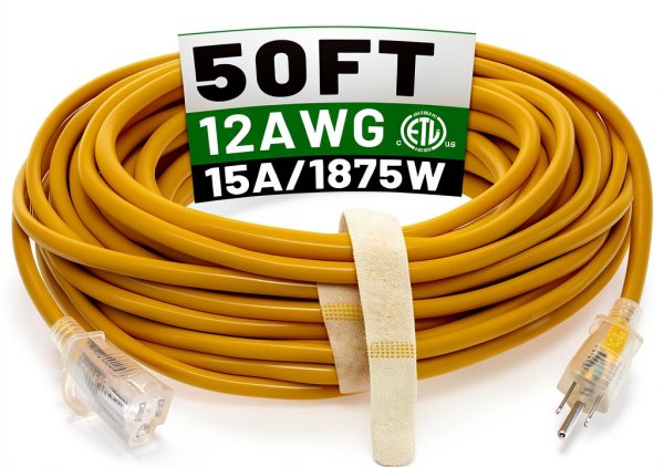 Outdoor Extension Cord POWGRN 50ft Yellow Duty Waterproof Lighted End-0