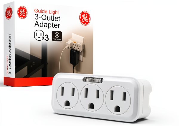 GE 3 Outlet Adapter Wall Tap with Guide Light White 3-Prong Grounded-0